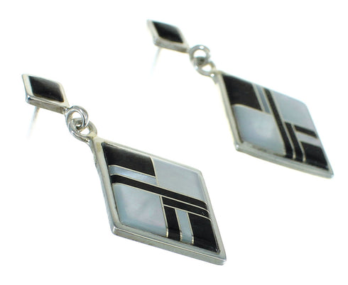 Sterling Silver Jet Mother Of Pearl Inlay Post Dangle Earrings RX66415